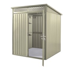 6x6 Hex Living Hixon Pent Metal Shed in Sage Green - isolated angle view, doors half open