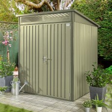 6x6 Hex Living Hixon Pent Metal Shed in Sage Green - in situ, angle view, door closed