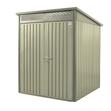 6x6 Hex Living Hixon Pent Metal Shed in Sage Green - isolated angle view, doors closed