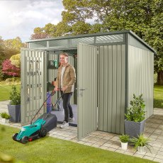 10x8 Hex Living Hixon Pent Metal Shed in Sage Green - in situ, angle view, doors open