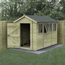 10x6 Forest Timberdale Tongue and Groove Apex Shed - in situ, angle view, doors open