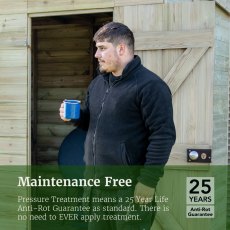 Maintenance free Timberdale shed with 25 year guarantee and user holding mug