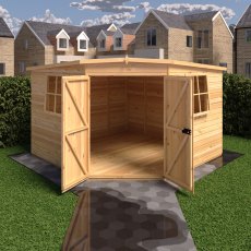 10x10 Shire Murrow Tongue and Groove Corner Shed - in situ, front view, doors open