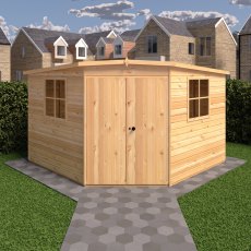 10x10 Shire Murrow Tongue and Groove Corner Shed - in situ, front view