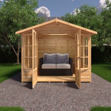 8 x 6 Shire Delmora Summerhouse - in situ, front view, door open
