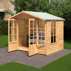 8 x 6 Shire Delmora Summerhouse - in situ, angle view, doors open
