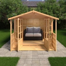 8 x 8 Shire Delmora Summerhouse With Verandah - in situ, front view, doors open