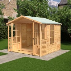8 x 8 Shire Delmora Summerhouse With Verandah - in situ, angle view, doors open