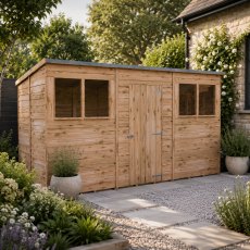 12x6 Shire Value Overlap Pent Shed - in situ, angle view, door closed