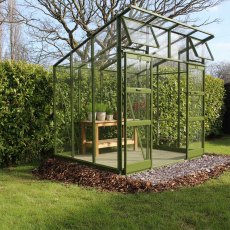 Elite Edge 600 6x8 Pent Roof Greenhouse - angled view in olive - in olive with potting bench