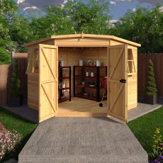 8 x 8 Shire Murrow Tongue And Groove Premium Corner Shed - in situ, front view, doors open