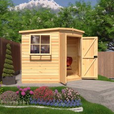 8 x 8 Shire Murrow Tongue And Groove Premium Corner Shed - in situ, angle view, doors open