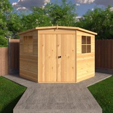 8 x 8 Shire Murrow Tongue And Groove Premium Corner Shed - in situ, front view, doors closed