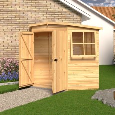 7 x 7 Shire Murrow Tongue And Groove Premium Corner Shed - in situ, angle view, doors open