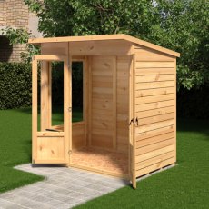 Shire Alora 6 x 4 Pent Summerhouse - in situ, angle view, doors open