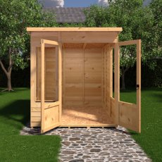 Shire Alora 6 x 6 Pent Summerhouse - in situ, front view, doors open