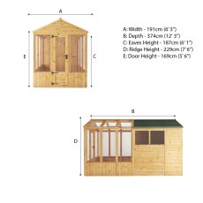 12 X 6 Mercia Woodsman Glass Combi Greenhouse With Shed - dimensions