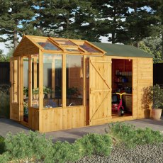 12 X 6 Mercia Woodsman Glass Combi Greenhouse With Shed - in situ, doors open