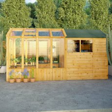 14 x 6 Mercia Woodsman Glass Combi Greenhouse With Shed - in situ, side view