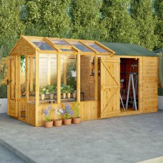 14 x 6 Mercia Woodsman Glass Combi Greenhouse With Shed - in situ, doors open