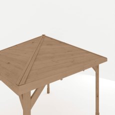 Wooden gazebo roof corner detail showing traditional timber construction and joints