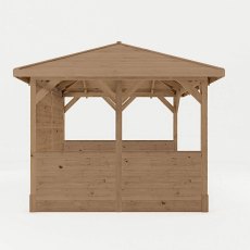 Side view of wooden gazebo with half-height timber panels and open window sections