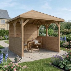Traditional wooden 10x10 gazebo with side panels and outdoor seating in garden