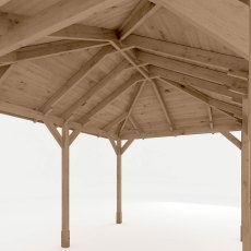 Interior view of wooden gazebo roof showing timber beams and construction detail