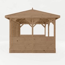 Side view of 10x13 wooden gazebo with half-height panels and open window sections