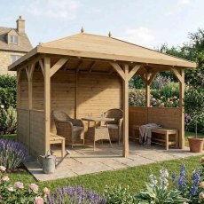 Traditional wooden 10x13 gazebo with side panels and outdoor seating in garden