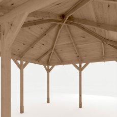 Interior view of 13x13 wooden gazebo roof showing timber beams and support structure