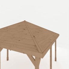 Angled view of wooden gazebo roof highlighting timber construction and panel design
