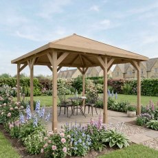 Traditional wooden 13x13 garden gazebo with seating area in landscaped outdoor space