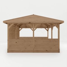 Side view of 13x13 wooden gazebo with half-height panels and open window sections