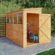 8 X 4 Mercia Shiplap Modular Pent Shed - in situ, angle view, doors open