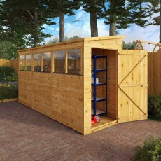 12 X 4 Mercia Shiplap Modular Pent Shed - in situ, angle view, doors open