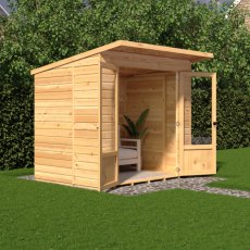Shire Avance 7 x 5 Pent Summerhouse - in situ, angle view, doors open