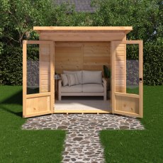 Shire Avance 7 x 5 Pent Summerhouse - in situ, front view, doors open