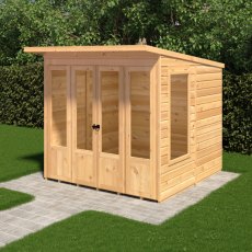Shire Parham 7x7 Pent Summerhouse - in situ, angle view, doors closed