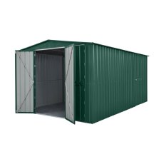 10 x 15 Globel Apex Metal Garage In Green - isolated angle view, front doors open