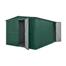 10 x 15 Globel Apex Metal Garage In Green - isolated angle view, doors half open