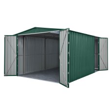 10 x 15 Globel Apex Metal Garage In Green - isolated angle view, two doors open
