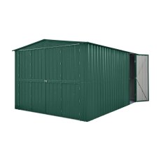10 x 15 Globel Apex Metal Garage In Green - isolated angle view, side door open