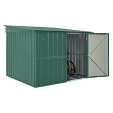 6 X 6 Globel Metal Bike Shed In Green - isolated angle view, doors half open