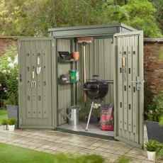 4 X 2 Hex Living Weston Pent Metal Shed In Sage Green - in situ, angle view, doors open