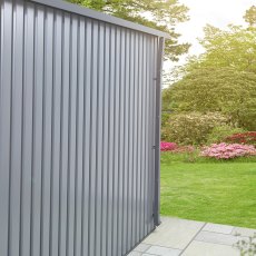 10x8 Hex Living Alton Apex Metal Shed in Anthracite Grey - in situ, gutter