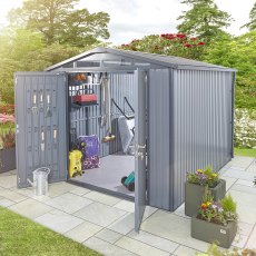 10x8 Hex Living Alton Apex Metal Shed in Anthracite Grey - in situ, angle view, open doors