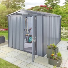 10x8 Hex Living Alton Apex Metal Shed in Anthracite Grey - in situ, angle view, open half