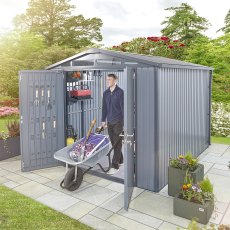 10x8 Hex Living Alton Apex Metal Shed in Anthracite Grey - in situ, angle view, doors open