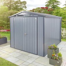 10x6 Hex Living Alton Apex Metal Shed in Anthracite Grey - in situ, angle view, doors closed